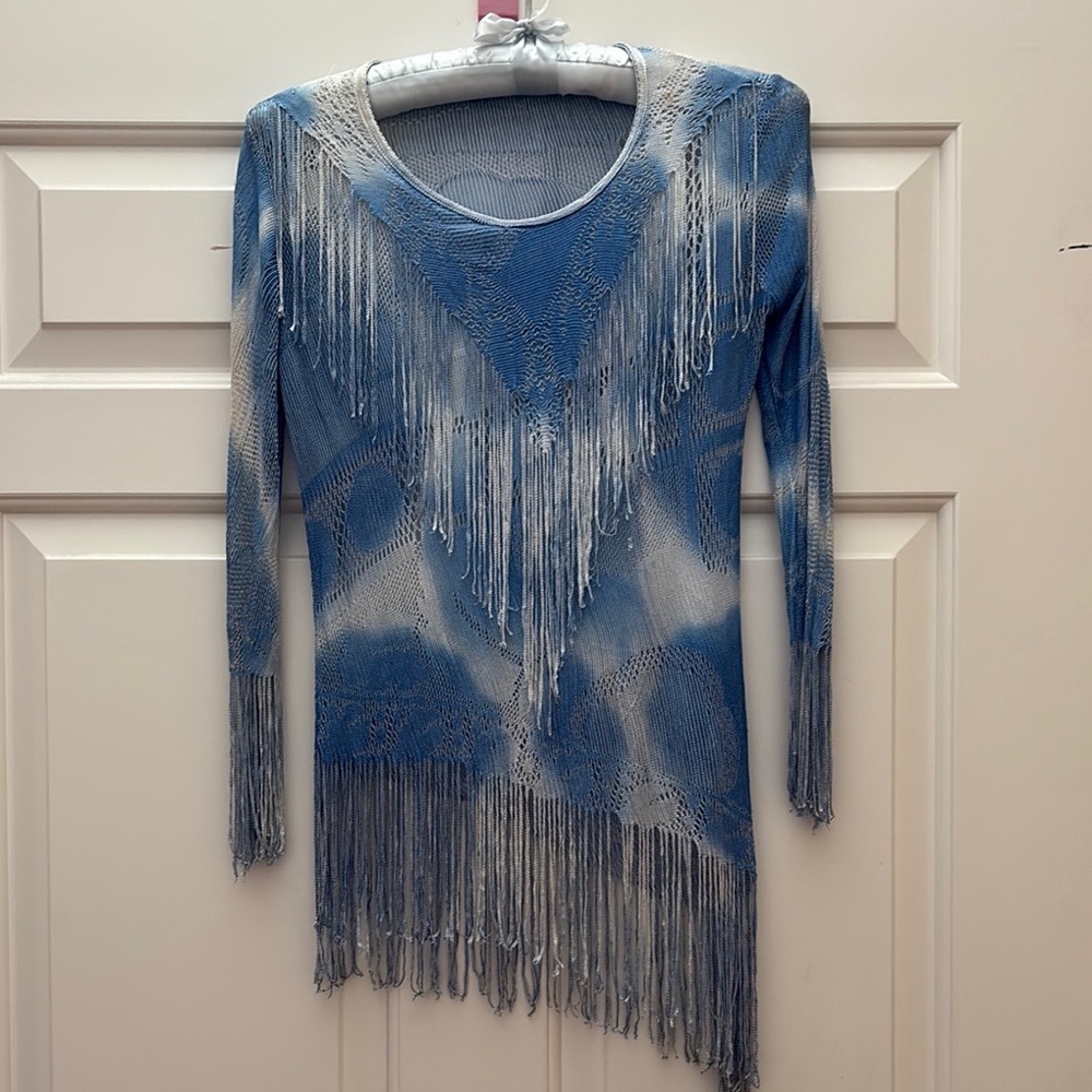 Boutique Blue and White Asymmetrical Fringe Open Knit Tunic Top Size XS
